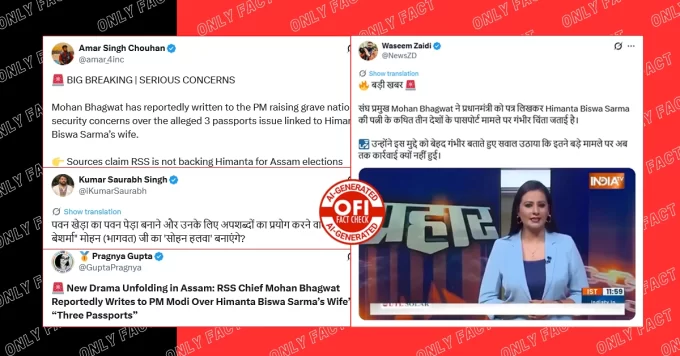 मोहन भागवत द्वारा सीएम हिमंत की पत्नी के खिलाफ करवाई की मांग करने का दावा फर्जी, इंडिया टीवी का वायरल वीडियो AI जनरेटेड है